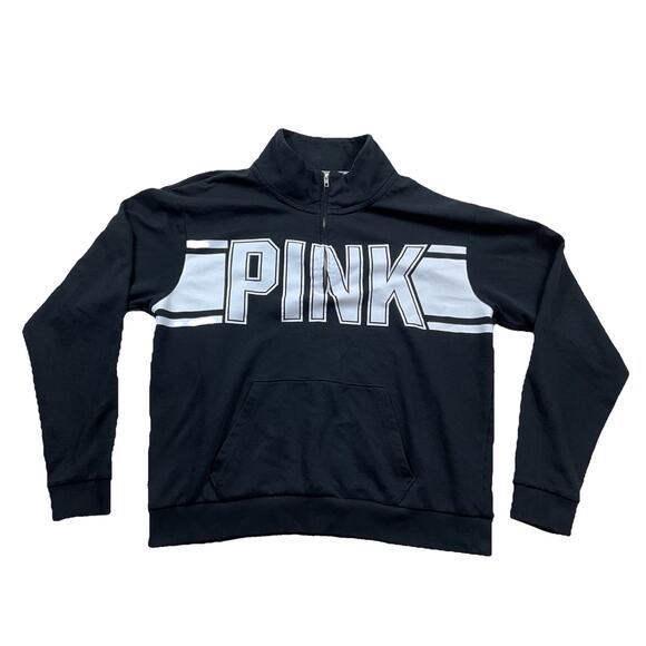 Victoria’s Secret Pink half zip Crewneck Sweatshirt Black White Women Large - Picture 1 of 7